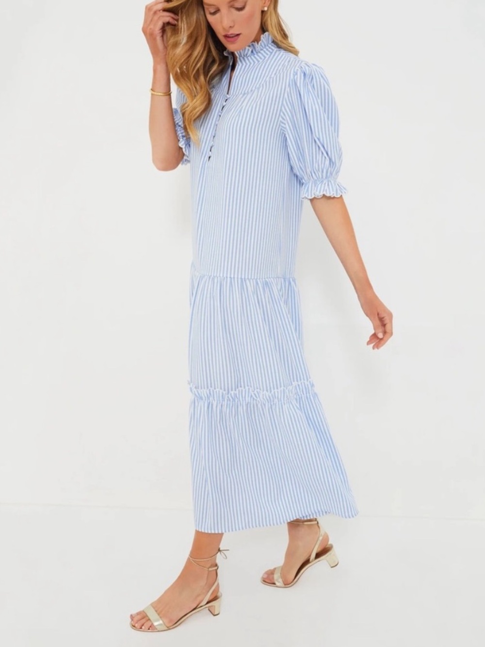 Pomander Place Blue and White Seersucker Maxi Dress